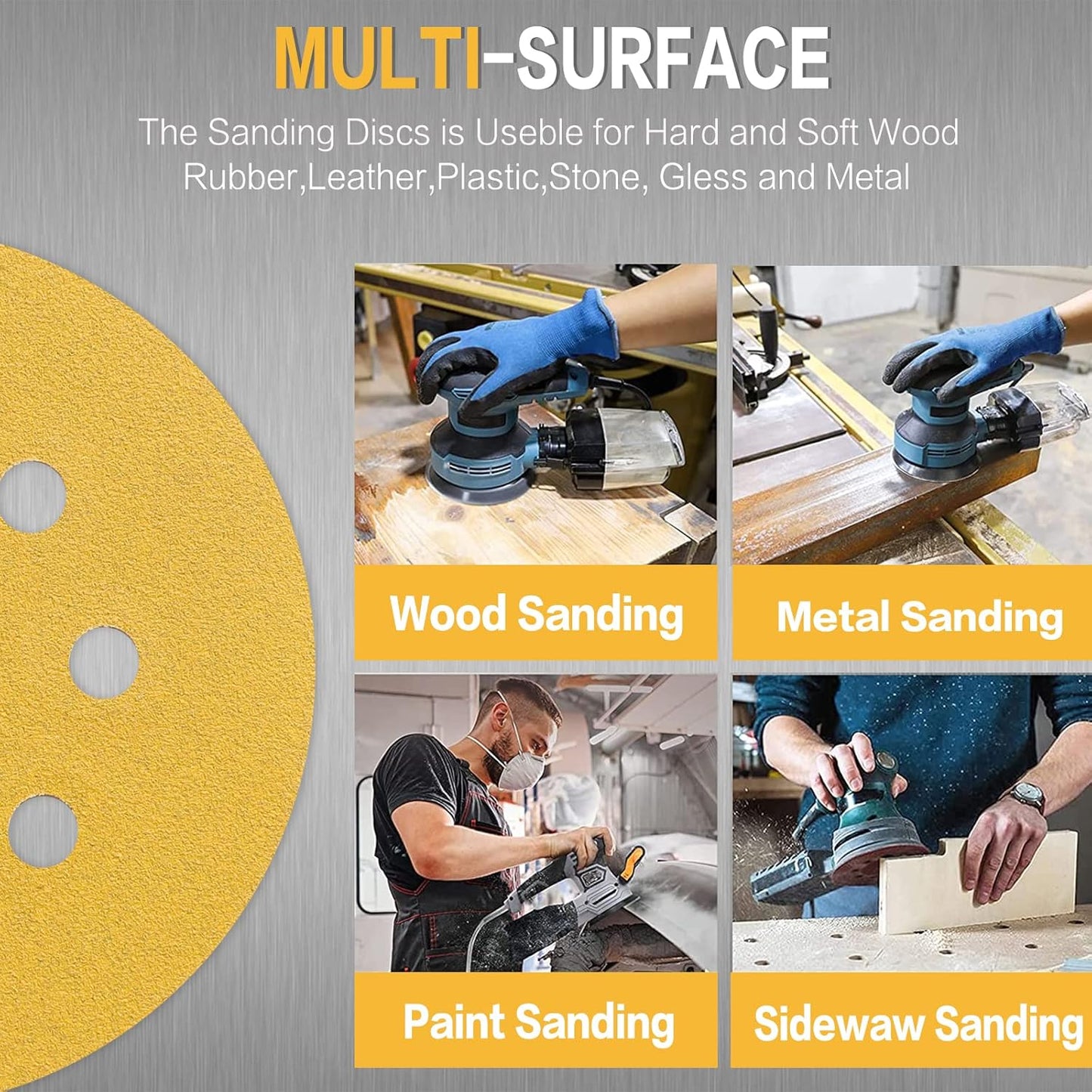 100PCS 5 Inch 8 Hole Sanding Discs 150 Grit,Gold Round Hook and Loop Sandpaper for Random Orbital Sander