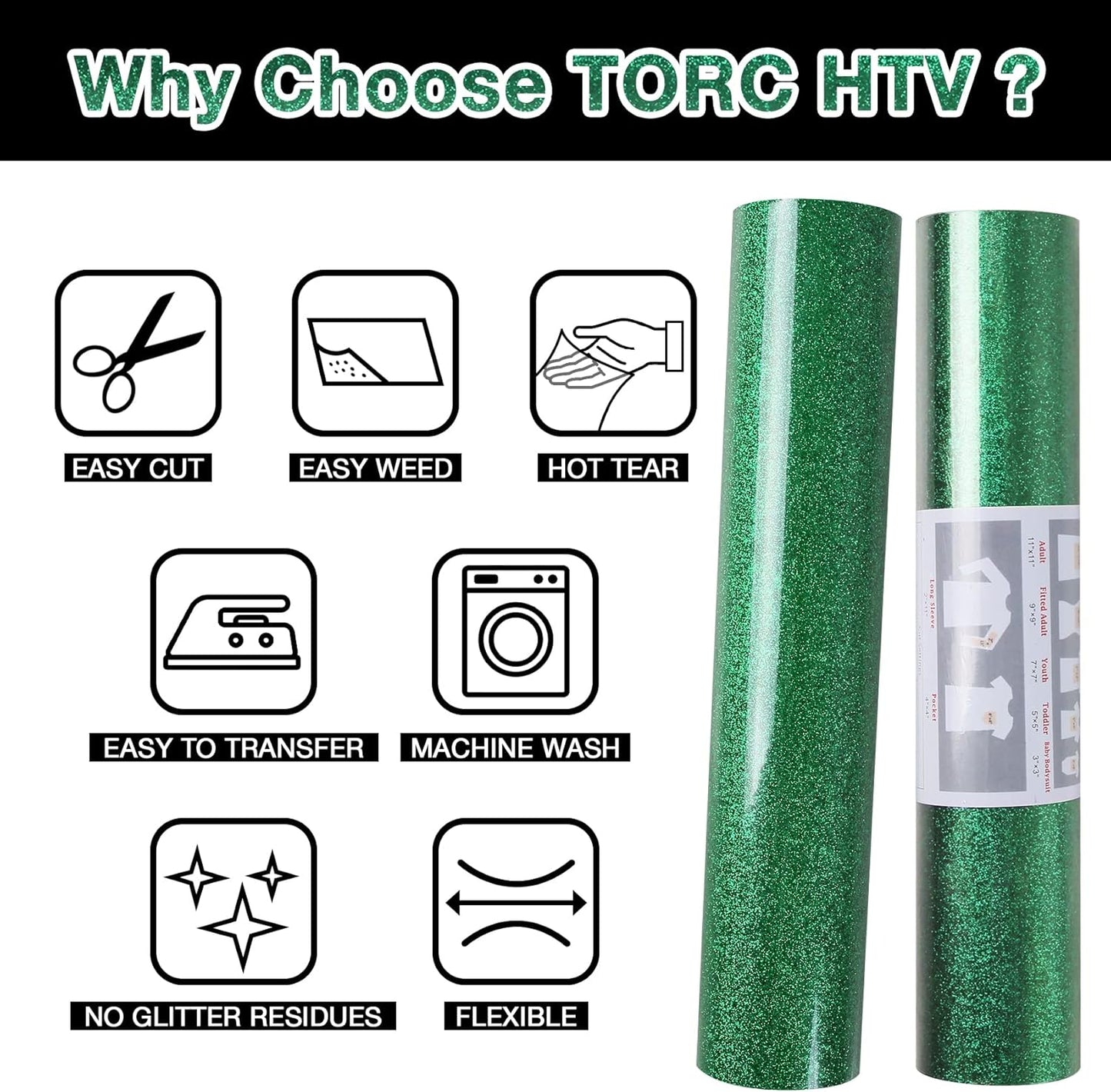 TORC Green Glitter HTV Heat Transfer Vinyl Roll 12 inch x 20 ft Iron on Vinyl for T Shirts Crafts Bulk St. Patrick's Day Decor