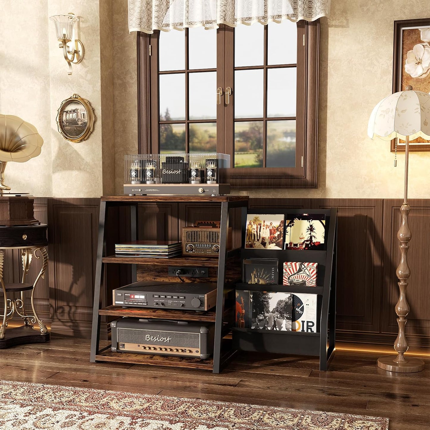 AV Media Stand with Outlets, Stereo Stands and Racks with Vinyl Storage, Stereo Stand with Record Storage, Audio Stereo Rack Cabinet, Turntable Console Stand with LED lights, 4 Tiers, Rustic Brown