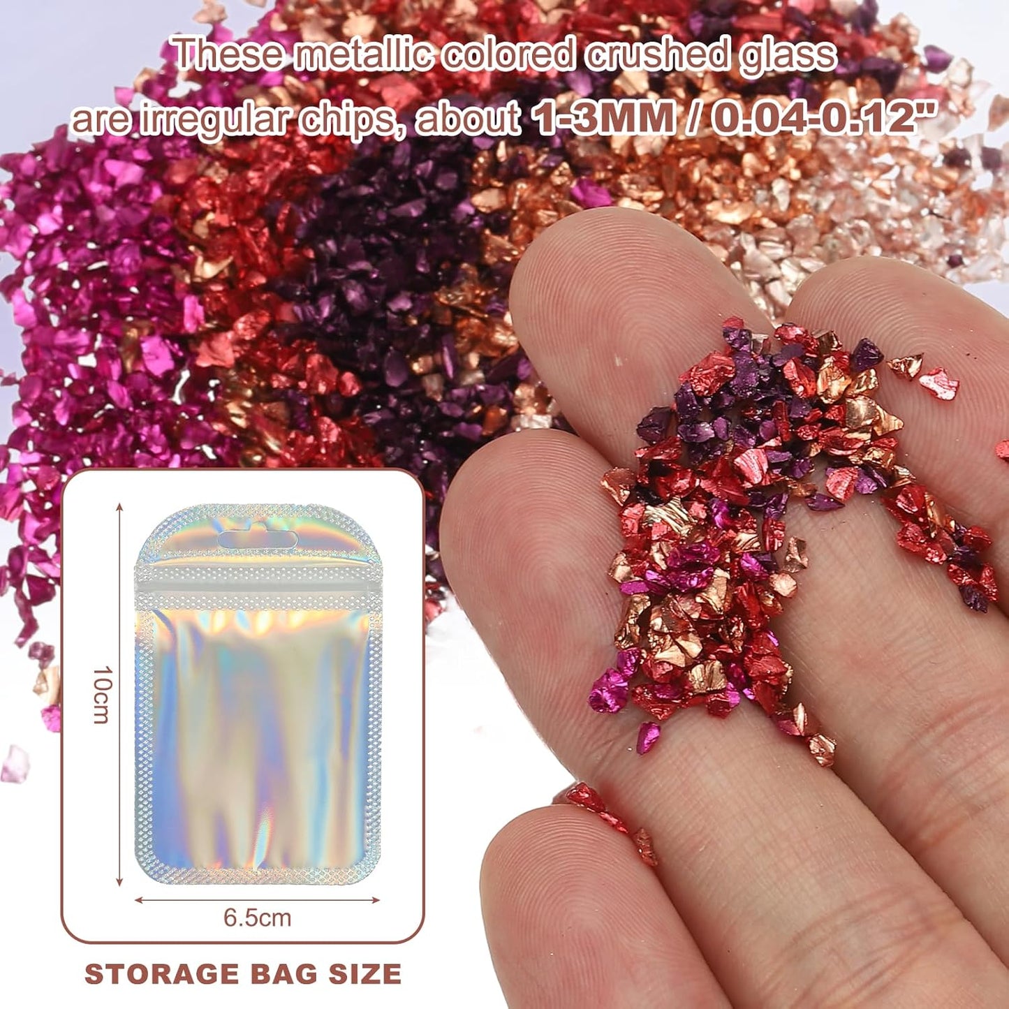 uxcell 6 Colors Crushed Glass Chips, 1-3mm Irregular Glitter Metallic Glass Broken Glasses Pieces with Laser Bag for Craft DIY Vase Epoxy Halloween Decoration 31g, Solid Color