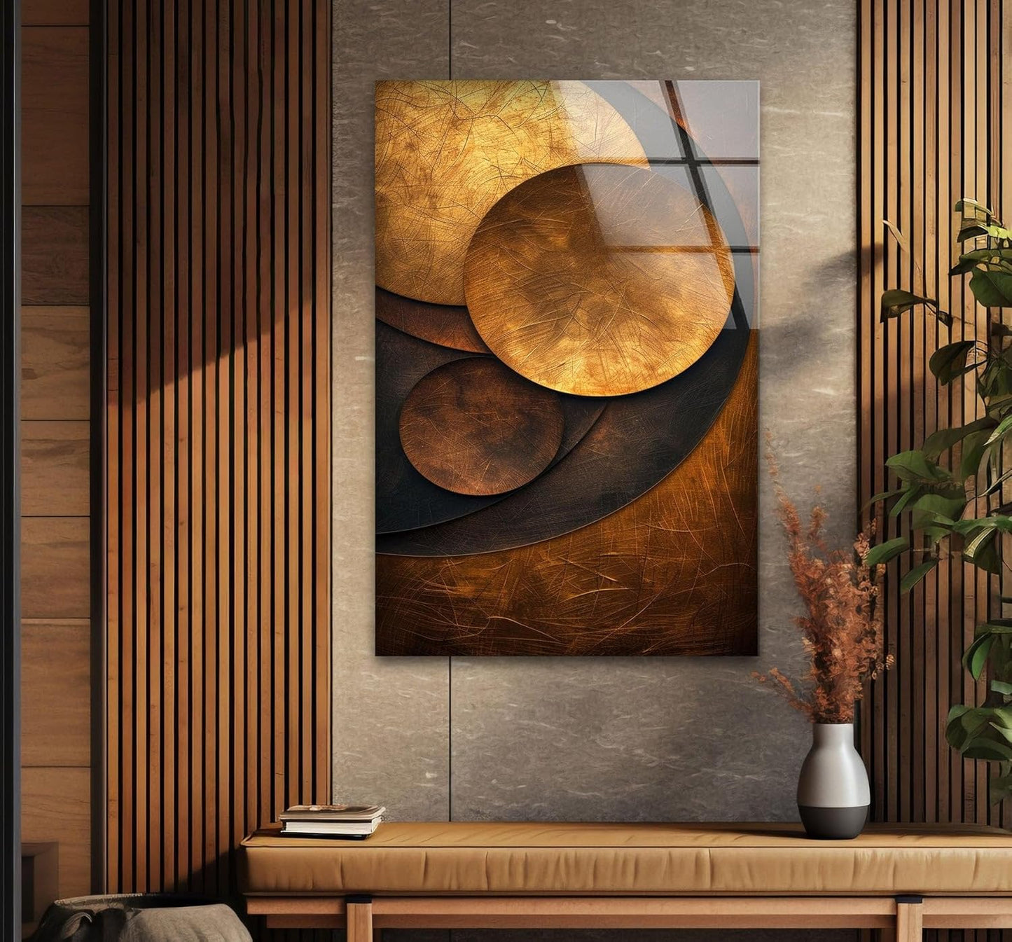 My Photostation.com 30Wx35.5H'' Bronze Art Deco Geometric Motifs Glass Wall Art Tempered Glass Printing Wall Decor Large Wall Art Wall Hangings