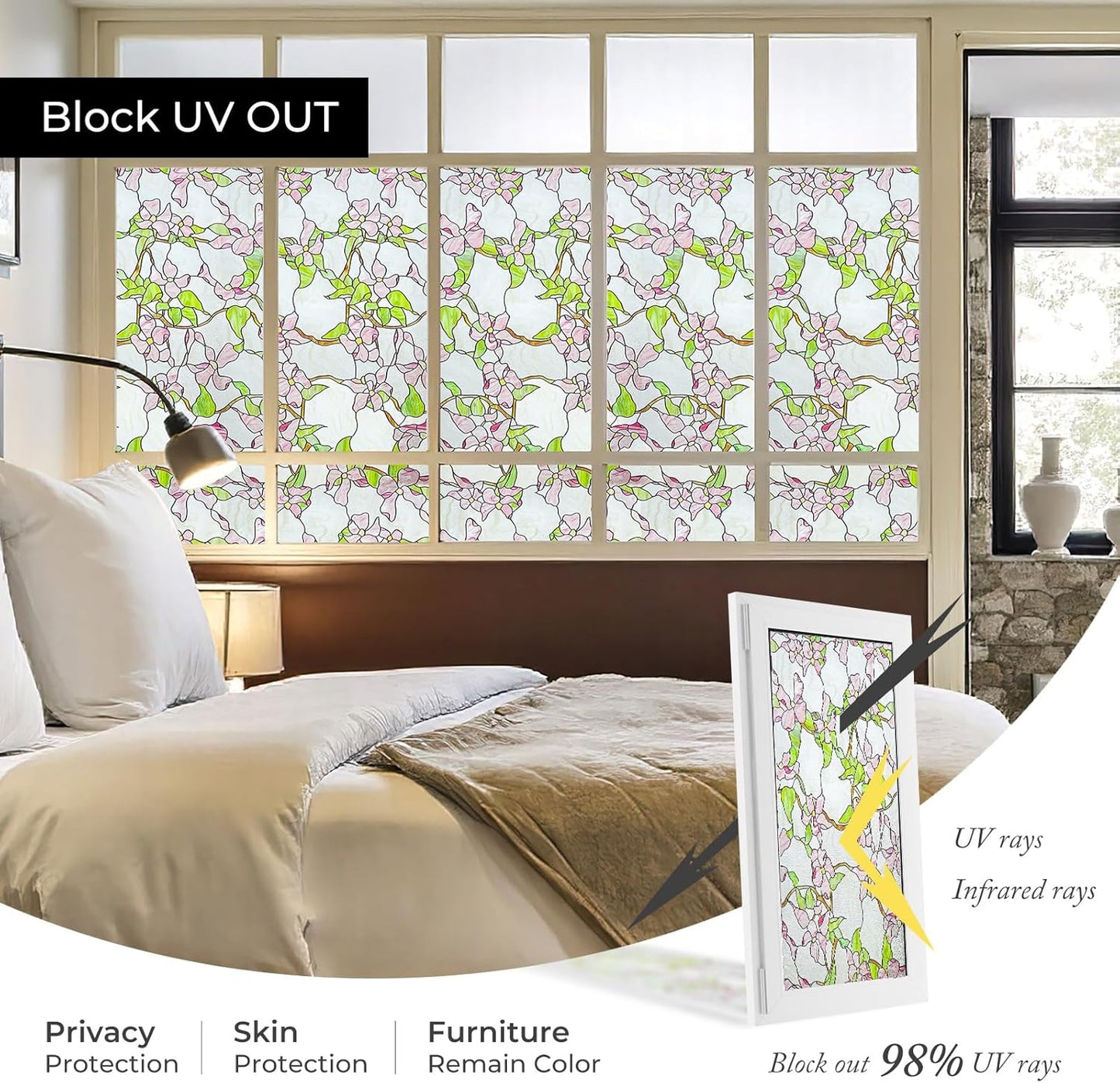 3D Stained Glass Window Film, Decorative Window Privacy Film for Bathroom,Front Door,Home, Sun Blocking Heat Control,Static Cling,23.6inch x 35.4inch Pink sprigs