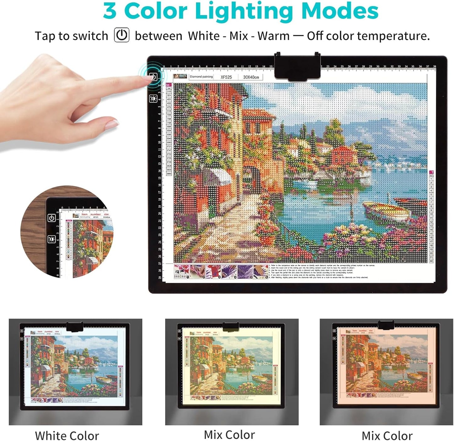 Rechargeable A3 LED Diamond Art Light Board,Tracing Light Box with Stand and Clip,3 Colors Mode Wireless Copy Pad for Diamond Painting,Weeding Vinyl,Sketching & Drawing