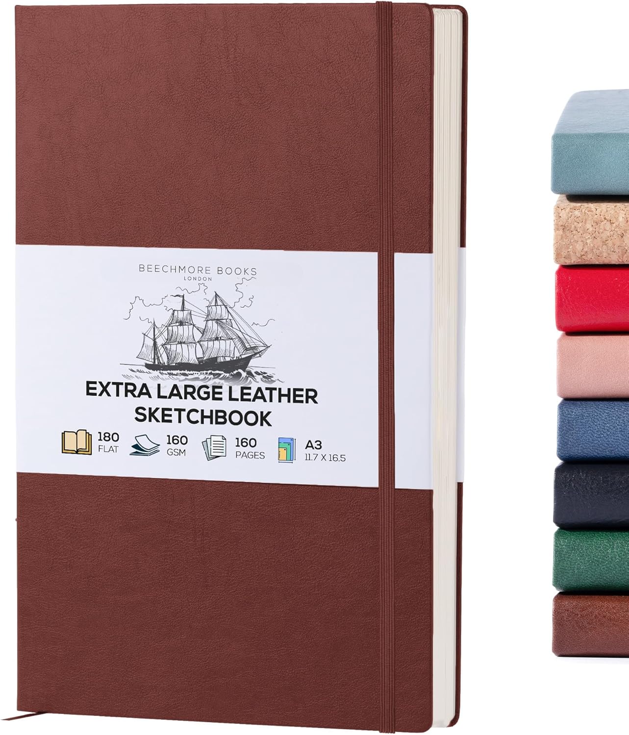 Beechmore Books A3 Sketchbook – 11.7x16.5 Premium Vegan Leather Bound Large Sketch Book Hardcover with 160 Thick 160gsm Perforated Ivory Pages, Blank Sketch Pad Gift Boxed Back Pocket Ribbon Bookmark