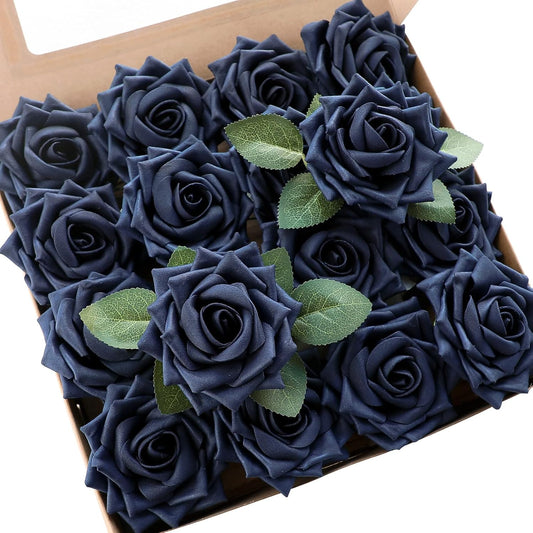 Floroom Artificial Flowers 16pcs 3.5" Real Looking Navy Blue Foam Fake Hybrid Tea Roses with Stems for DIY Wedding Bouquets Bridal Shower Centerpieces Floral Arrangements Party Tables Home Decoration