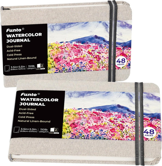 Funto Watercolor Journal, 3.5x5.5, 2 Pack, 24 Sheets Each, Cold-Pressed with Inner Pocket, 110lb/230gsm, Suitable for Techniques and Mixed Media