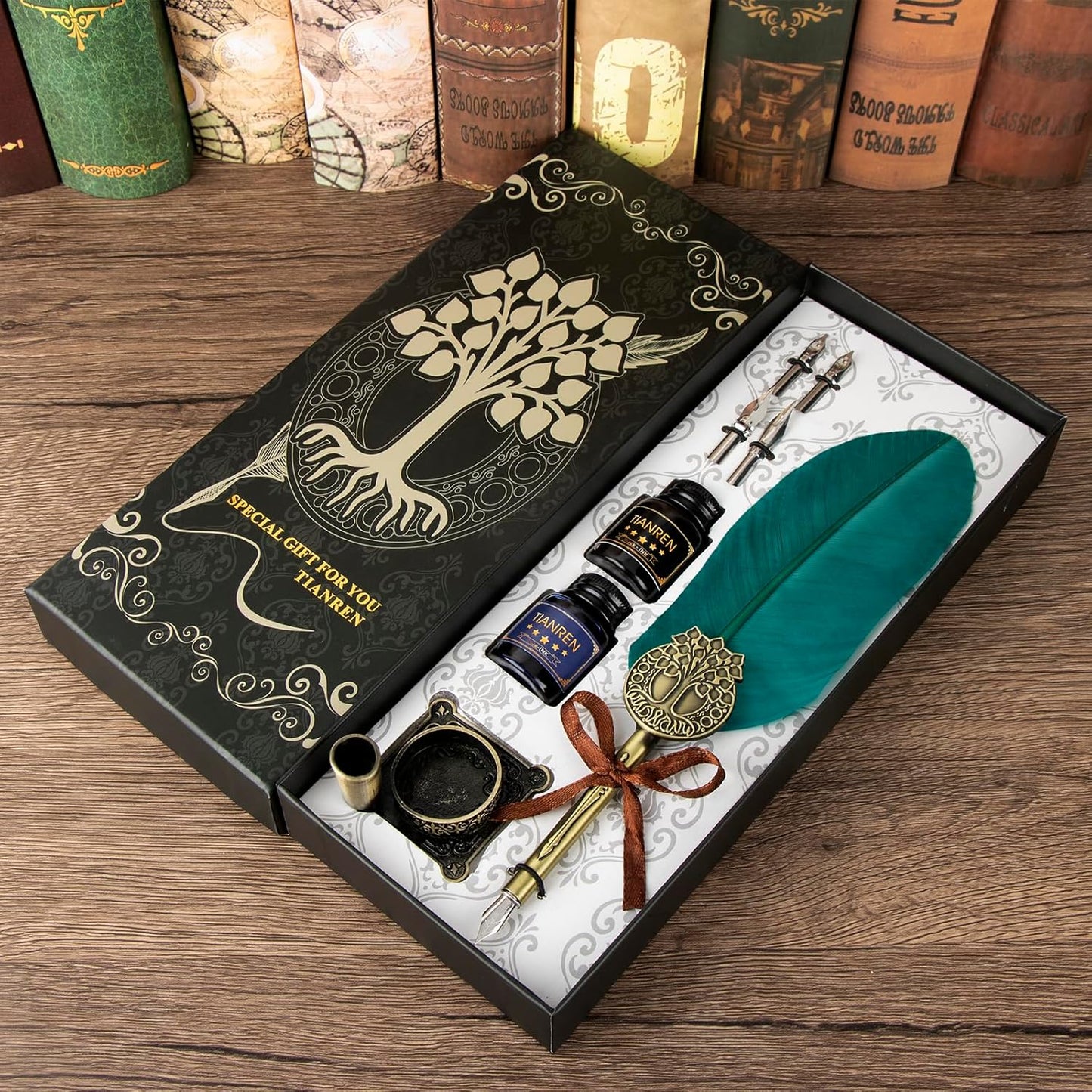 Quill pen ink set,Feather Pen and Ink Set,Antique Calligraphy Pen with 4 Replaceable Nibs,2 Bottle of ink,Feather Dip Pen Holder Christmas Gift for Men&Women.(Green)