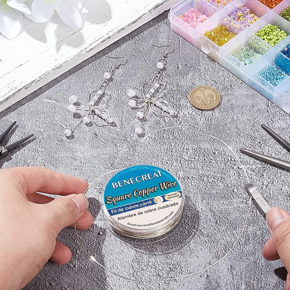 BENECREAT 32.81 Feet 24 Gauge Silver Square Copper Wire, Craft Copper Wire Tarnish Resistant Jewelry Material for Jewelry Making