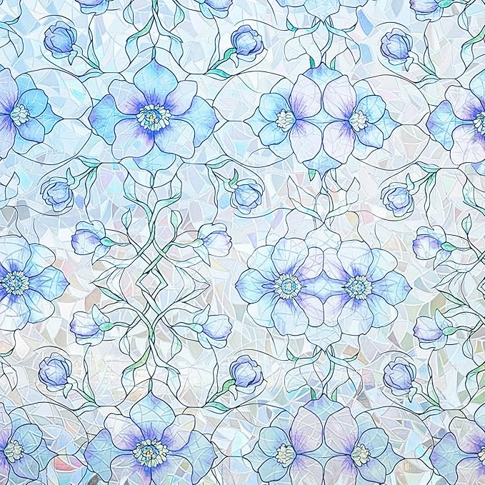 Etched Window Privacy Film Blue Purple Floral Sliding Glass Door Tint No Glue Static Cling Decals 3D Rainbow Decorative Covers Iridescent Anti UV Removal DIY Home Office,17.5X78.7in.