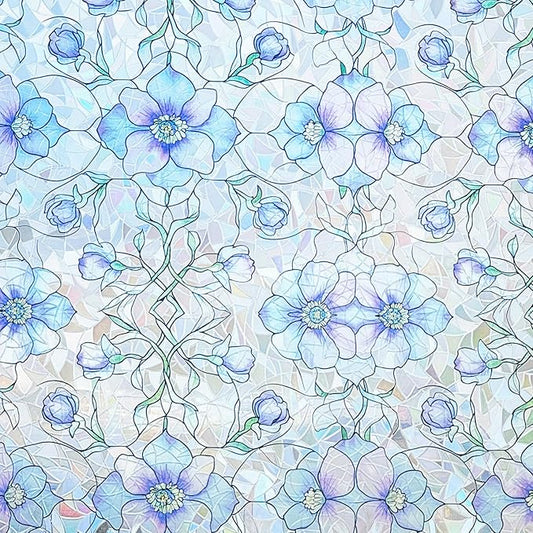 Etched Window Privacy Film Blue Purple Floral Sliding Glass Door Tint No Glue Static Cling Decals 3D Rainbow Decorative Covers Iridescent Anti UV Removal DIY Home Office,35X78.7in.