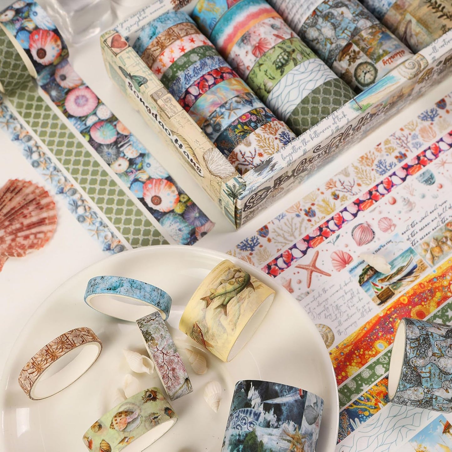 Vintage Washi Tape Set - 24 Rolls Arts Adhesive Tapes Assorted Retro Decorative Masking Tape Sets for Craft, Kids, Scrapbook, DIY, Gift Wrapping (8-Sea Treasures)