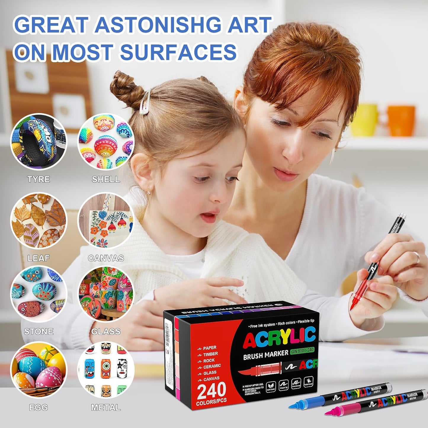 DICEKOO 240 Colors Acrylic Paint Markers, Soft Brush Tip Pens with Automatic Ink Control System, Waterproof, Quick-Drying, Lightfast, for Rock Painting, Canvas, Wood, Egg & DIY Crafts Art Supplies