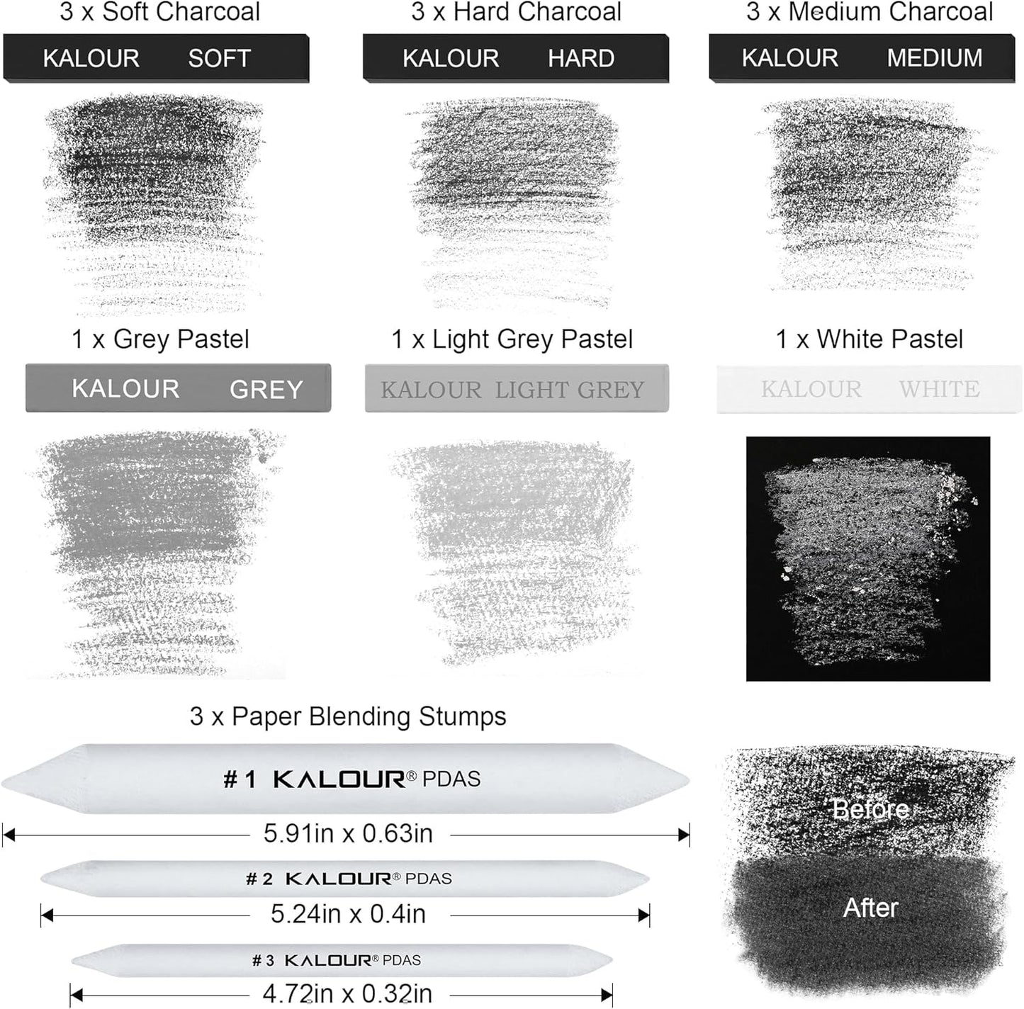KALOUR 15 Pro Compressed Charcoal Drawing Set with Blending Stumps- Soft,Medium,Hard and White Charcoal - Charcoal Sticks for Drawing Sketching Shading - Art Supplies for Artists Beginners Adults