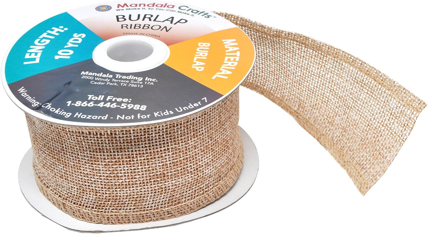 Mandala Crafts Natural Burlap Ribbon 2 Inches Wide Jute Ribbons for Crafts - 20 Yds Roll Rustic Burlap Wrap Trim Ribbons for Wreaths Bows Wedding Party Decoration