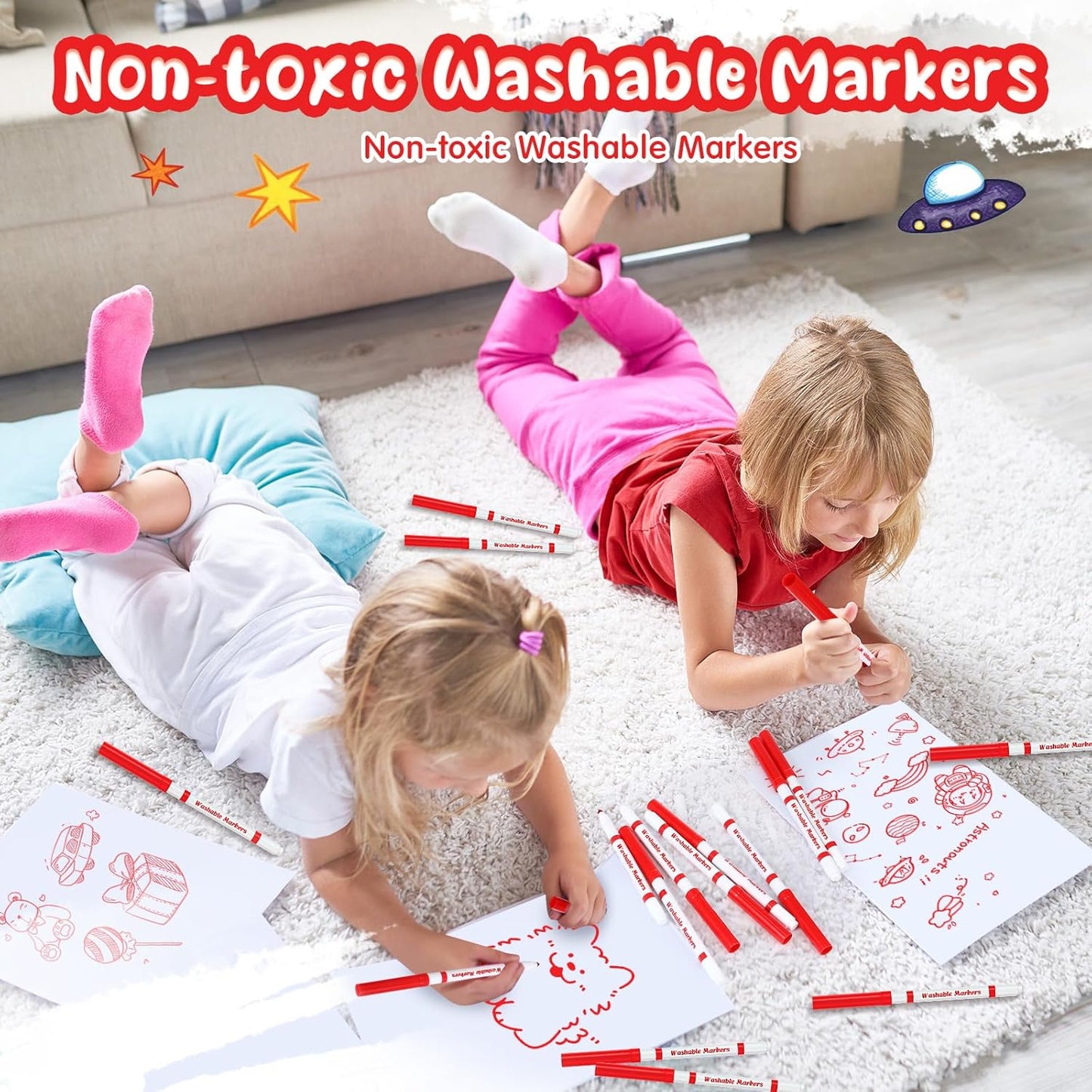 18 Pcs Line Washable Markers Bulk Red Fine Tip Markers Set Coloring Thin Tip Drawing Washable Pen for Kids Art School Classroom Back to School Gender Reveal Party Supplies, Ages 6+