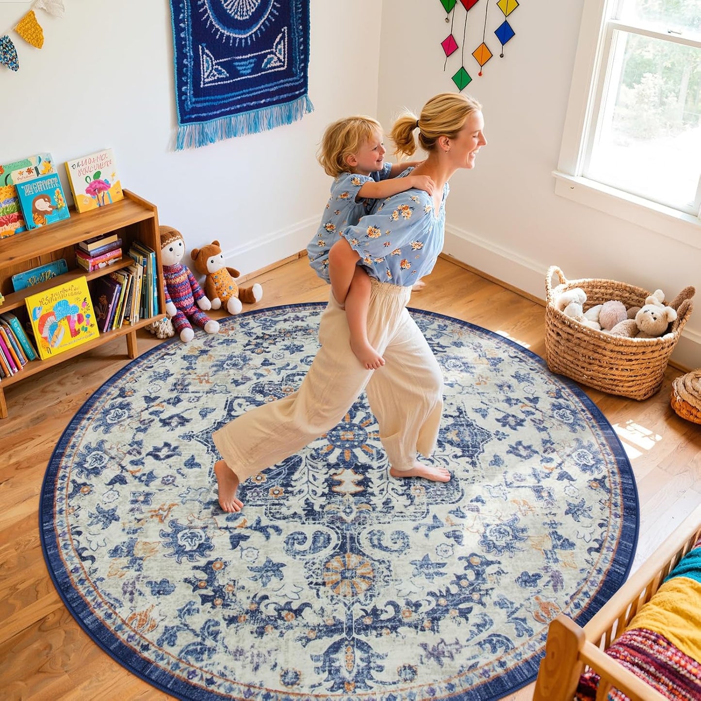 Lahome Bohemian Washable Round Rugs 6ft, Large Circle Rug for Living Room Bedroom, Soft Non-Slip Non-Shedding Loe Pile Printed Indoor Carpet for Kitchen Dining Room Office, Blue Purple/Multi