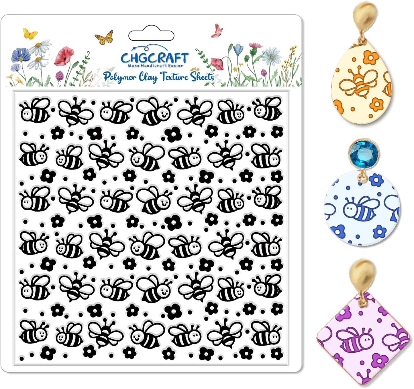 CHGCRAFT Cartoon Bees Pattern Polymer Clay Texture Sheet Seamless Flowers Pattern Silicone Texture Mat for Polymer Clay Making Earrings Jewelry DIY Crafts 5.5 × 5.5 Inch