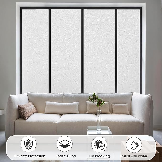 Coavas Window Privacy Film Frosted Glass Static Clings, Decorative Bathroom Door Privacy Film Day and Night, Heat UV Blocking Anti-Glare Frosting Stickers Renter Non-Adhesive, 45.2 x 314.9 Inch, White