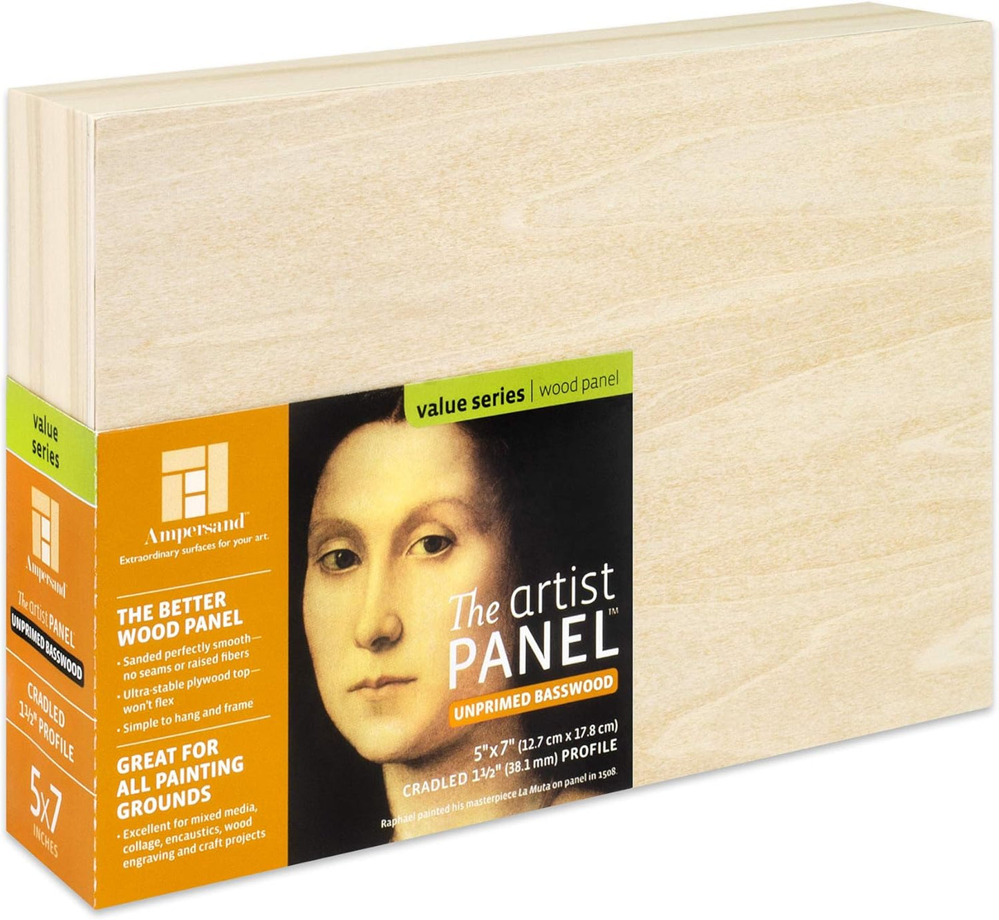 Ampersand Art Supply Unprimed Basswood Artist Panel, 1-1/2" Cradled Profile, 5"x7"