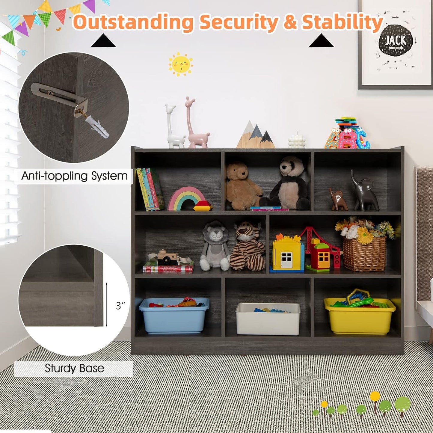 Toy Storage Organizer, 3-Tier Kids Bookshelf, 8 Cube Kids' Bookcases, Cabinets & Shelves, Wooden Toy Organizers, Small Book Shelf for Bedroom, Playroom, Classroom, Nursery (Gray)