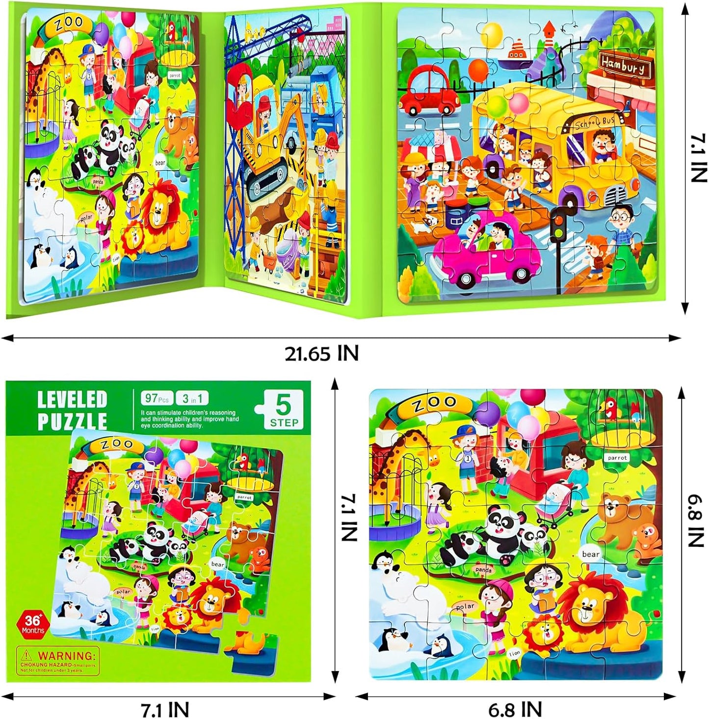 Magnetic Puzzles for Kids Ages 4-8, 3 in 1 Cartoon Jigsaw Puzzle Book, Toddlers Travel Puzzles Toys, Preschool Learning Toy for Children 3-8 Year (Green Zoo)