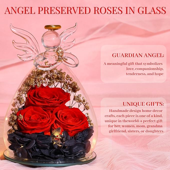 Beferr Valentines Day Rose Gifts for Her Women Mom Gifts for Birthday, Fresh Flowers for Delivery Forever Preserved Rose in Glass Angel Figurine, for Grandma Wife Daughter Girlfriend