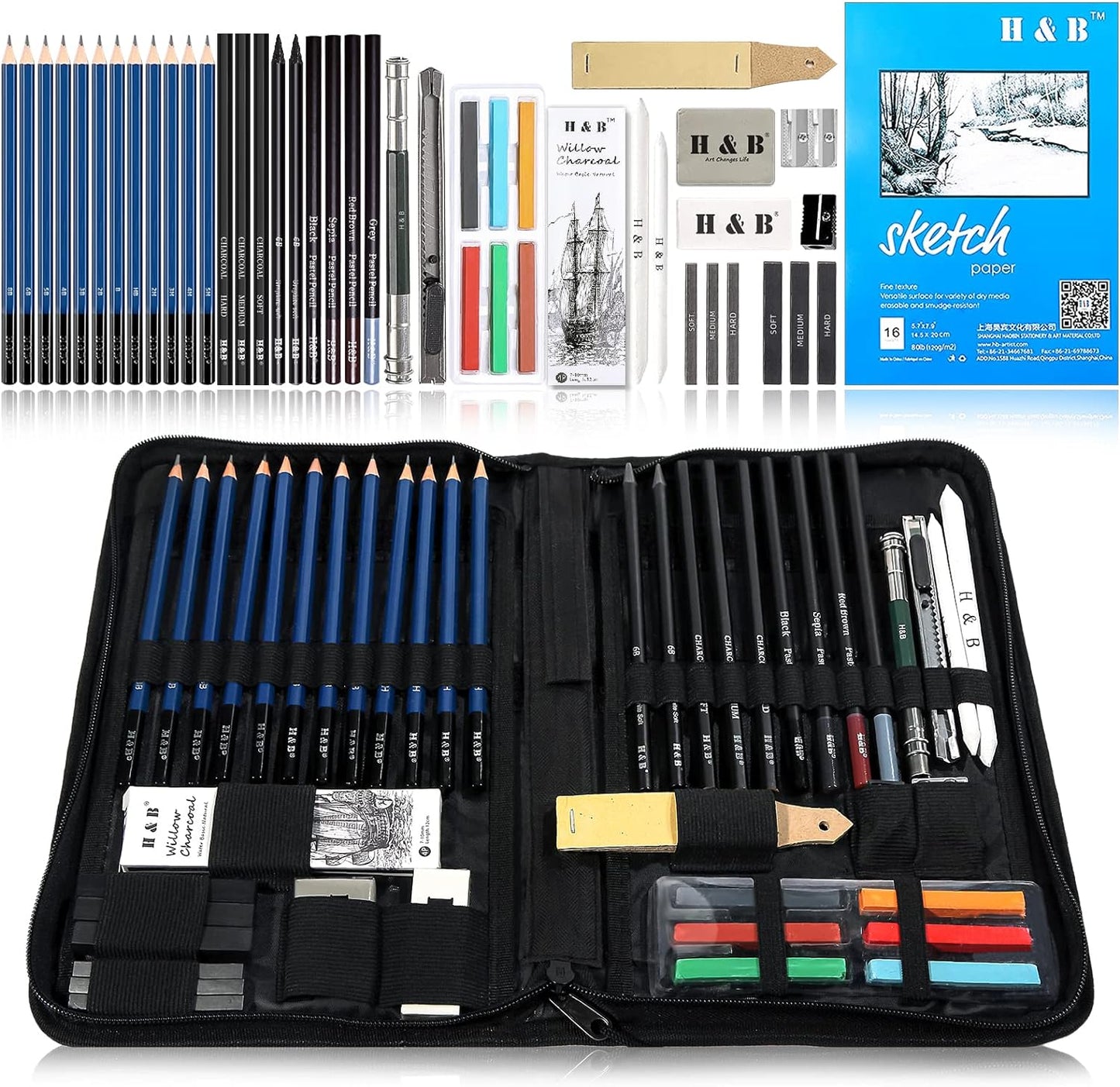 H & B 48 Professional Sketching Pencils and Drawing Kits, Including Sketching Pads, Graphite Pencils, Pencil Sharpener and Eraser, Artist's Art Supplies for Artists Beginner Adults