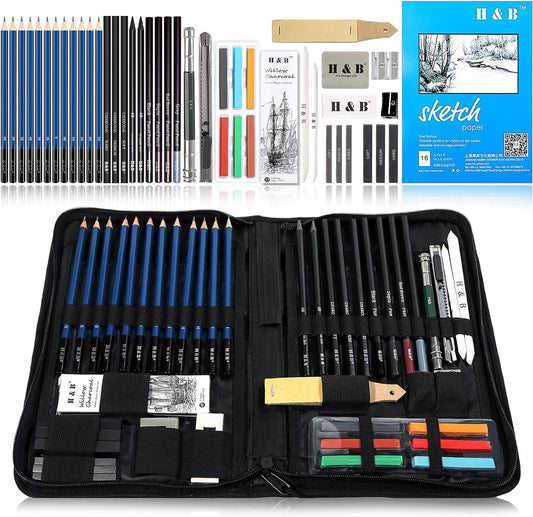 H & B 48 Professional Sketching Pencils and Drawing Kits, Including Sketching Pads, Graphite Pencils, Pencil Sharpener and Eraser, Artist's Art Supplies for Artists Beginner Adults