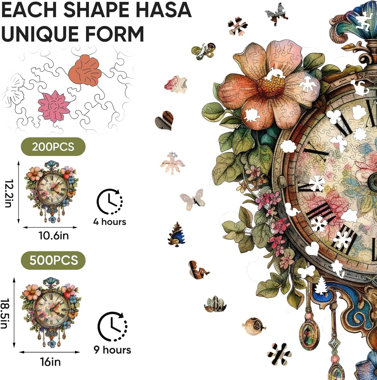 Wooden Jigsaw Puzzles 500 Pieces, Flower Clock Wooden Puzzles for Adults, 18.5'' x 16'' Unique Shaped Wood Puzzle, Beautiful Package, Best Gift for Adults and Kids, Family Game