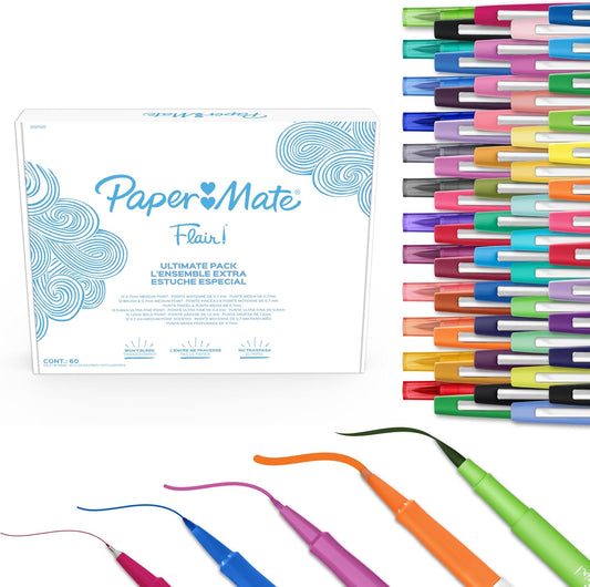 Paper Mate Flair Felt Tip Pens Ultimate Pack, Features 5 Different Types of Pens, Assorted Colors, 60 Count