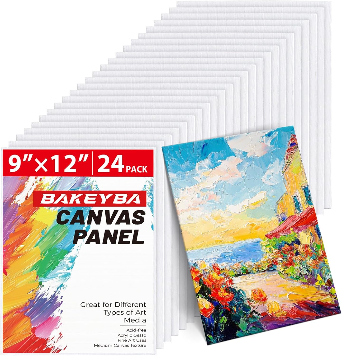 Canvas Boards 24 Pack, 9x12 Inch Painting Canvas Panels, 100% Cotton White Blank Art Supplies for Acrylics Oil Watercolor Tempera Paints
