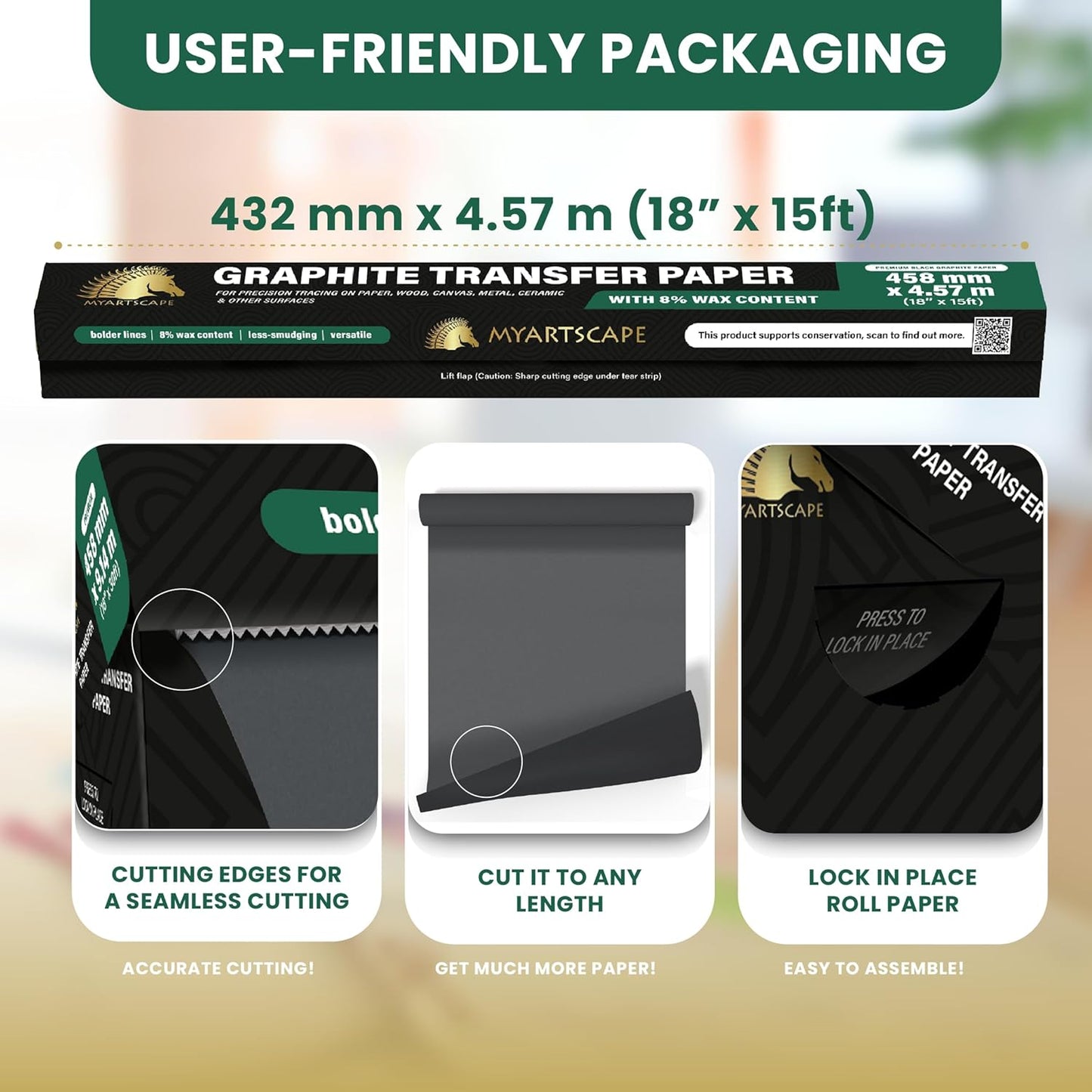 MyArtscape Graphite Transfer Paper Roll - Black Waxed Carbon Paper 18" x 15ft Transfer Paper Roll, Graphite Paper