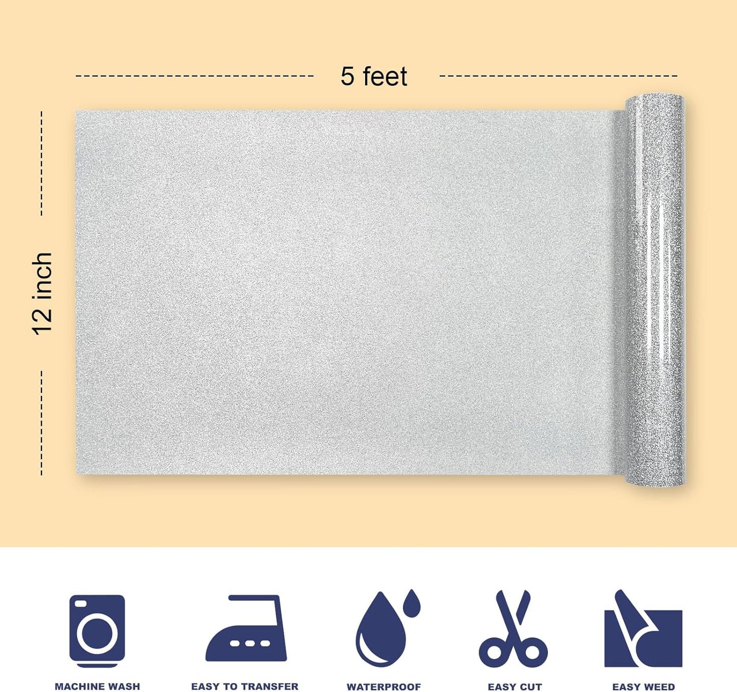 Silver Glitter HTV Heat Transfer Vinyl, 12" x 5ft lron on Vinyl, for T-Shirt Ironing, Vinyl HTV Easy to Cut and Weed, The Best Choice for DIY Creativity. (Silver, 12" x5ft)