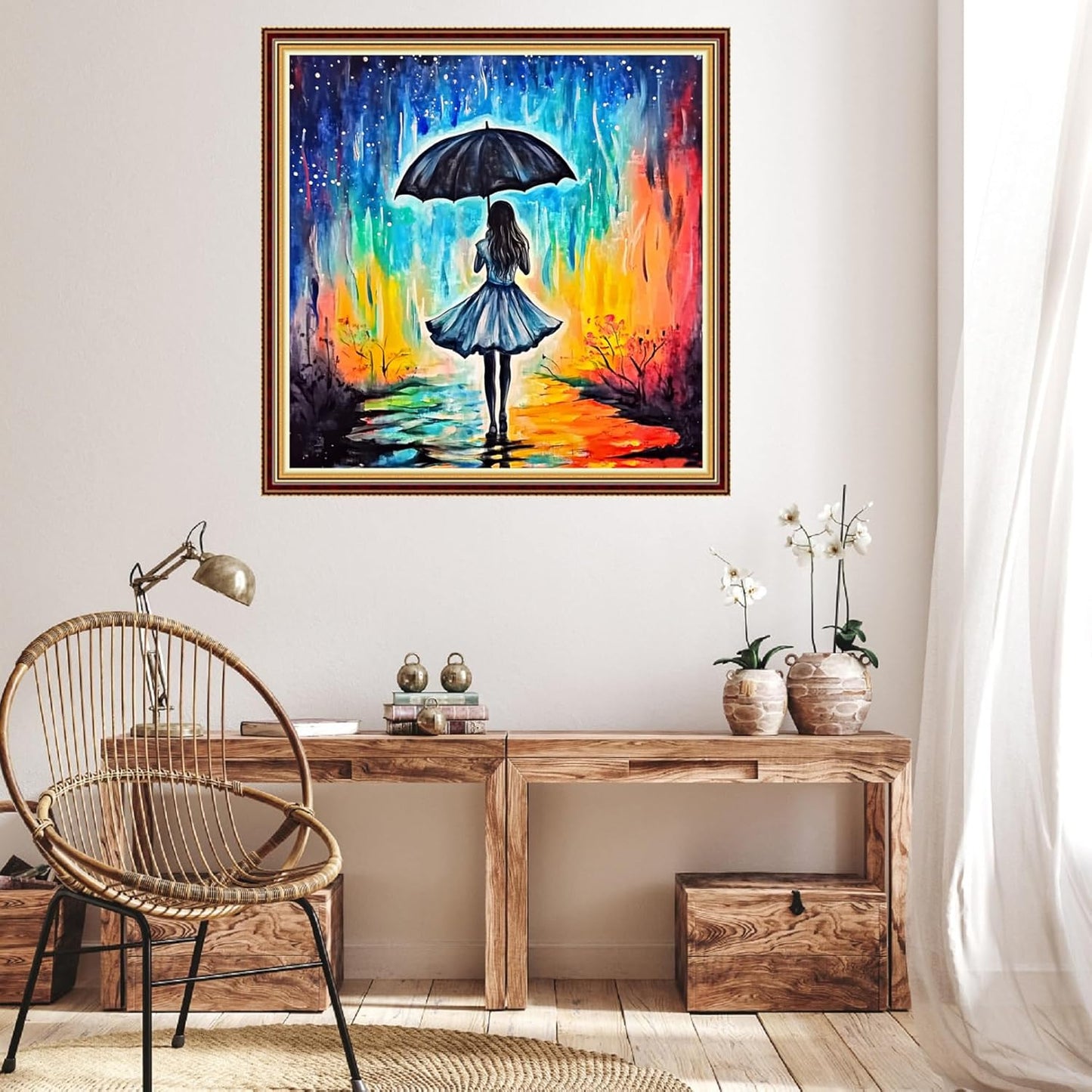 Hopeart Stamped Cross Stitch Kits for Beginner Embroidery Kits for Beginners Adults DIY 11CT Cross Stitch Patterns Needlepoint Kits Crossstitching Kits-Rainy Night Girl 18x18 inch