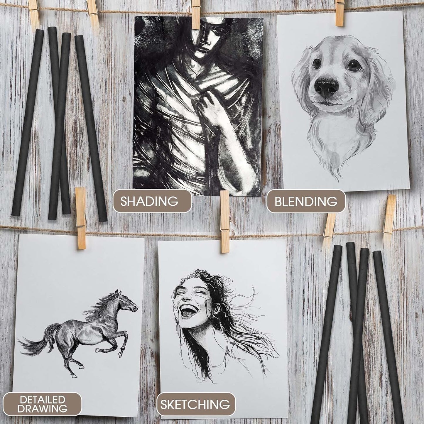 Gueevin 24 Pcs Willow Charcoal Sticks, Willow Charcoal, Artists, Beginners, Students, Perfect for Sketching, Drawing, Shading, and Fine Art Christmas Gifts for Art (2-4mm，4-5mm，5-7mm，7-9mm)