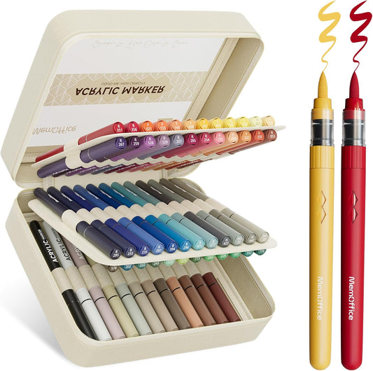 MemOffice Direct Liquid Acrylic Paint Markers, 60 Colors Brush Tip Pens with Carrying Case, No Bleed, Waterproof, for Rock, Wood, Canvas, Glass, Fabric, DIY Crafts for Adults & Kids