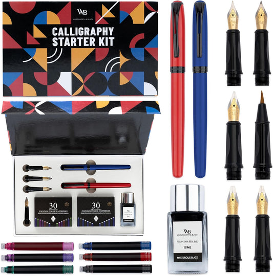 Wordsworth and Black Calligraphy Pen Set - Blue - Includes 2 Calligraphy Pens, 18 ML Ink Bottle, 60 Ink Cartridges, Ink Refill Converter, 1 Medium and 4 Broad Nibs, Brush Pen