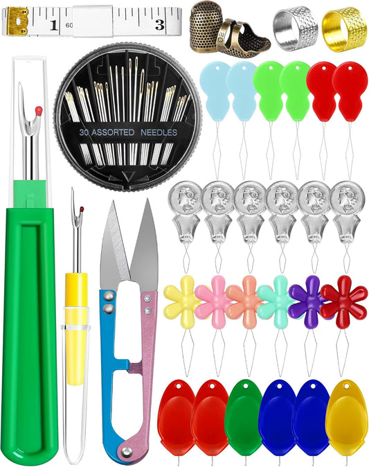 FIVEIZERO Needle Threaders Kit, 24 PCS Needle Threader for Hand Sewing, Needles Threader for Swing & Embroidery Floss with Embroidery Needles, Seam Ripper, Thread Snips, Thimble and Measuring Tape