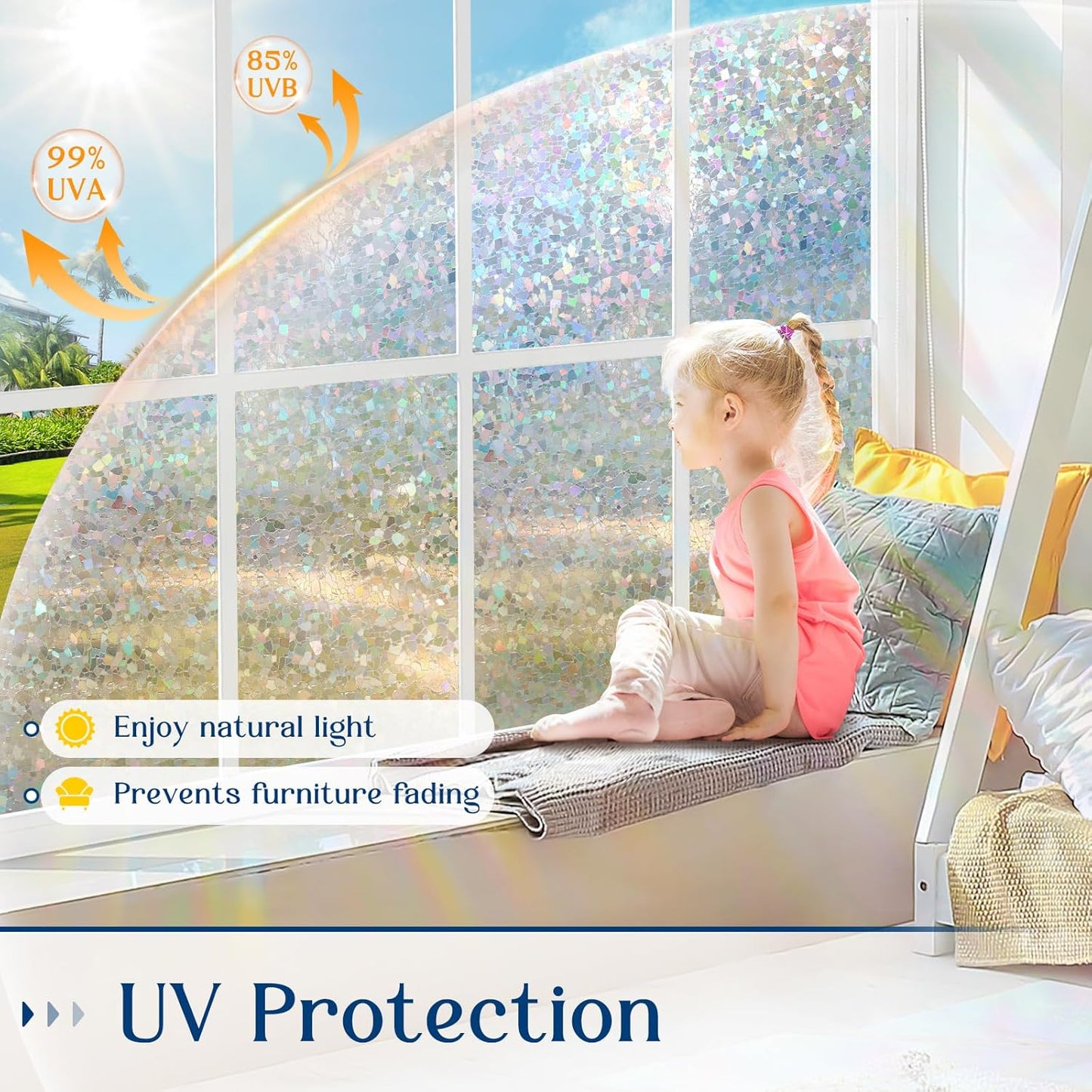 Haton Window Privacy Film, Rainbow Stained Glass Window Clings, 3D Decorative UV Sun Blocking Sticker, Removable Static Cling Heat Control Tint for Home Door, 17.5" x 157.4" Non-Adhesive