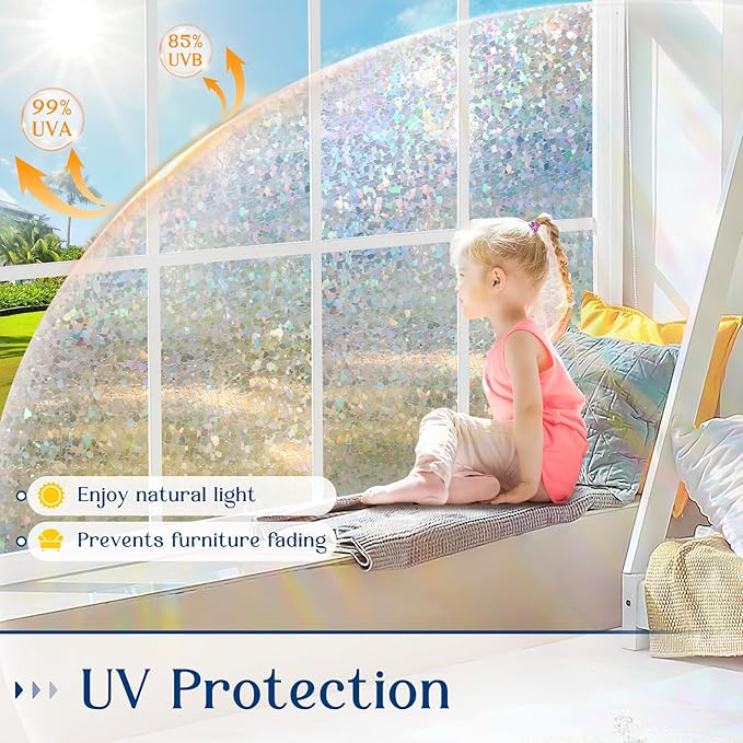 Haton Window Privacy Film Rainbow Film Stained Glass Window Clings, 3D Decorative UV Sun Blocking Sticker, Removable Static Cling Heat Control Tint for Home Door, 23.6" x 157.4" Non-Adhesive