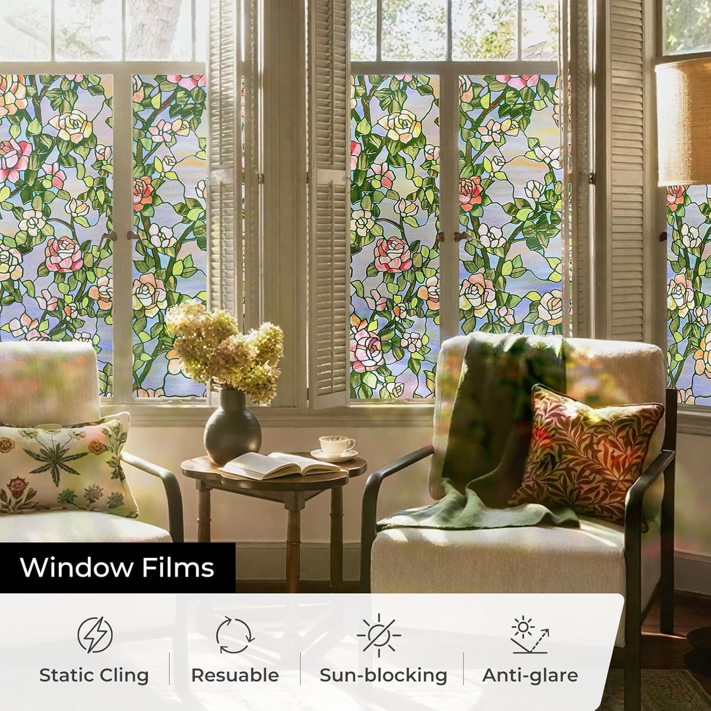 3D Stained Glass Window Film, Decorative Window Privacy Film for Bathroom, Front Door, Home, Sun Blocking Heat Control, Static Cling, Beast Rose 23.6inch x 35.4inch