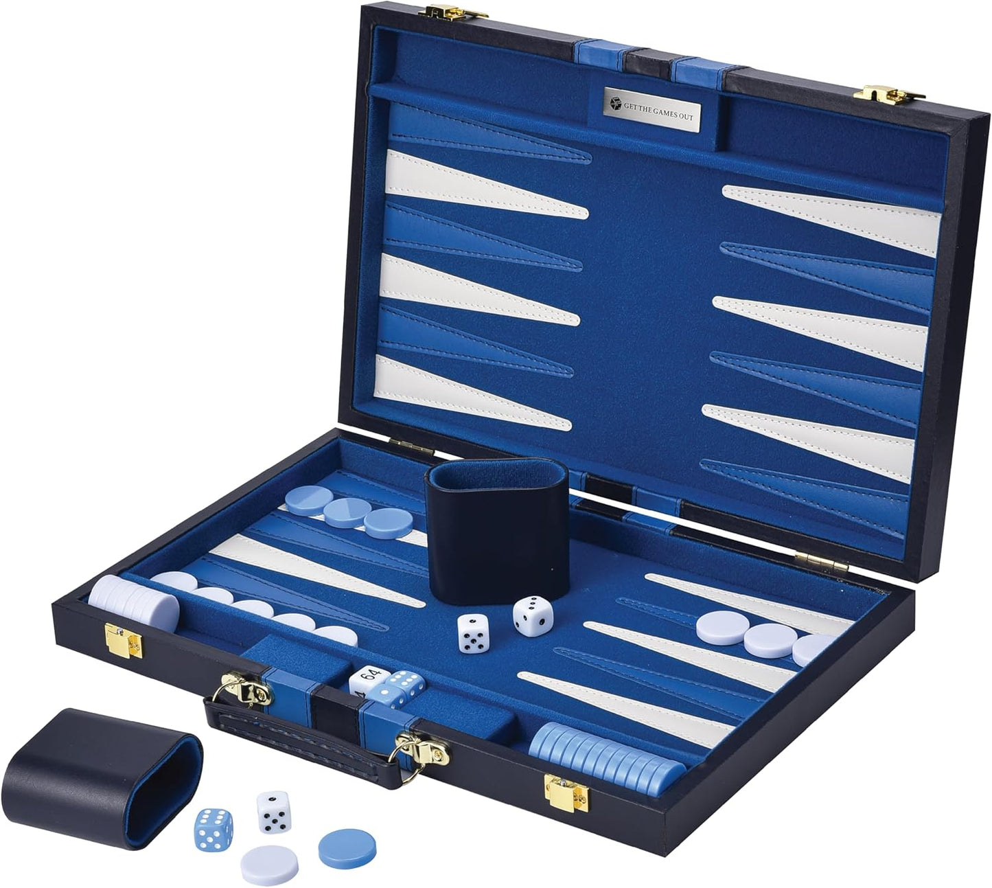Get The Games Out Top Backgammon Set - Classic Board Game Case 15" Medium Size - Best Strategy & Tip Guide - Available in Small, Medium and Large Sizes (Blue, Medium)