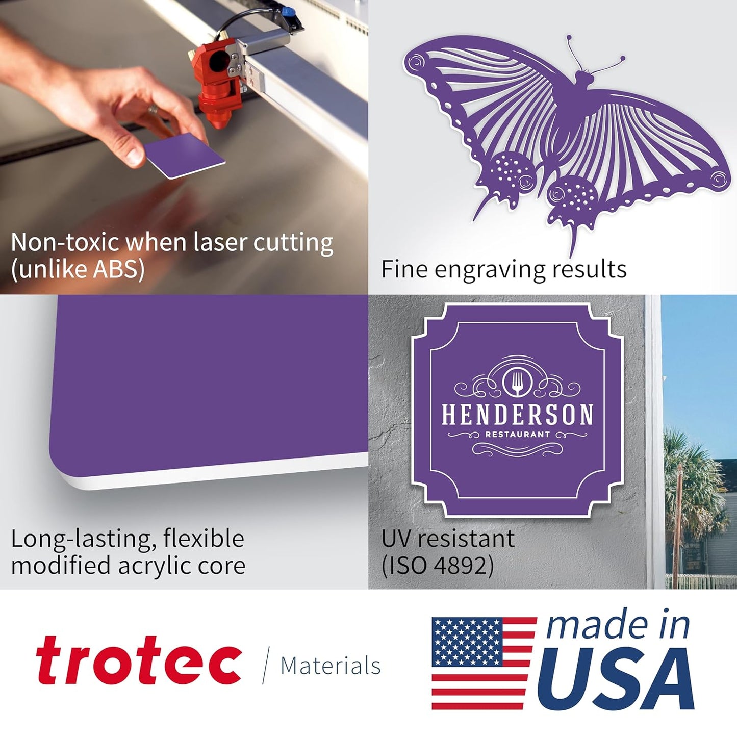 Trotec TroLase | 12"x24"x1/16", 4 Pcs | Purple/White | 2 Ply | Modified Acrylic | Laser Engraving Double Color Plastic Sheet | Engraving Blanks for Laser, Saw, Guillotine | Made in USA