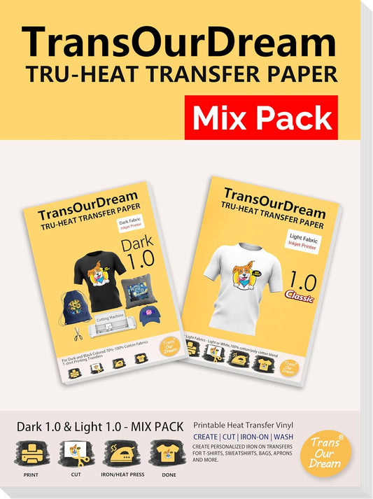 TransOurDream Tru-Heat Transfer Paper for Dark and Light T Shirts (10+10 Sheets, 8.5x11, Mix Pack) Printable Heat Transfer Vinyl for Fabrics Iron on Transfers for Inkjet Printer (D1L1)