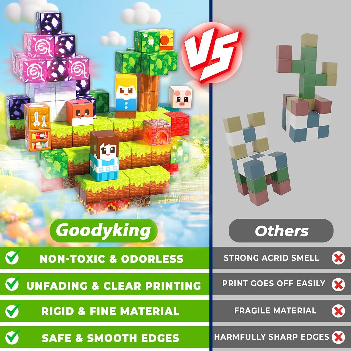 Goody King 150pcs Magnetic Blocks with Light Blocks, Educational Magent Toys for Kids Ages 3+, Magnetic Cubes Building Set Montessori STEM Gift, Creative Magnetic Blocks Building Set for Boys Girls