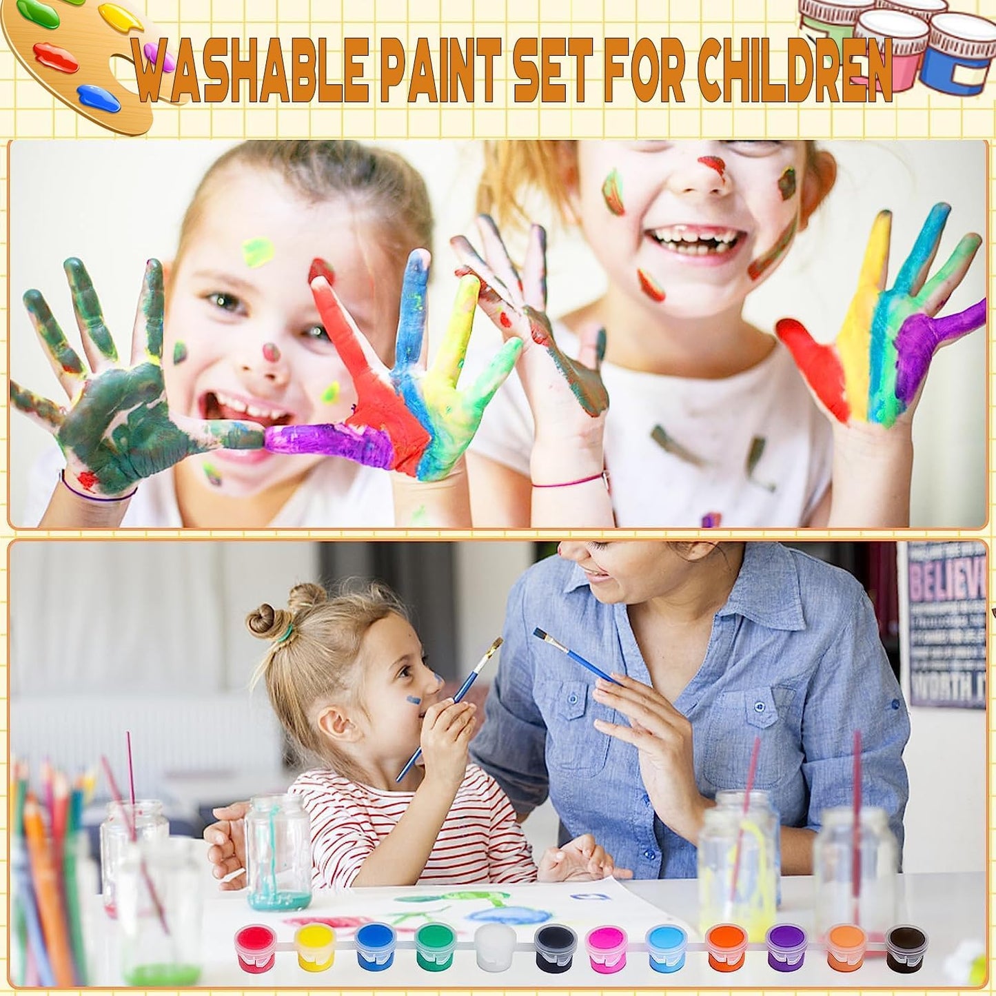 420 Pcs Washable Acrylic Paint for Kids Arts and Crafts, 30 Gouache Watercolor Paint Sets of 12 Colors for Party Classroom Painting Supplies, 30 Flat and 30 Pointed Brushes