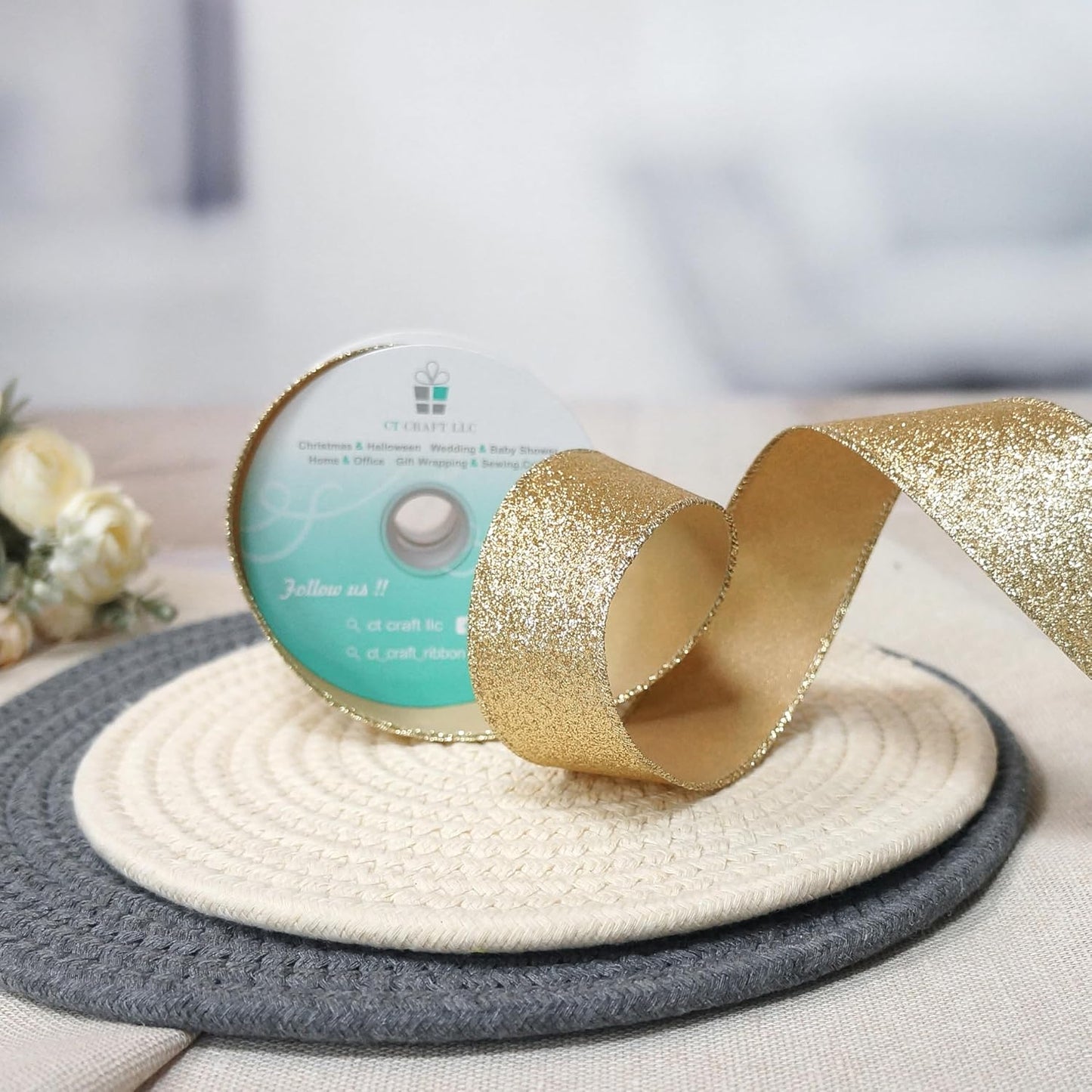 CT CRAFT LLC Glitter Wired Ribbon 1.5" x 10 Yards Light Gold for Christmas Home Decor Bow Gift Wrapping DIY Crafts Wreath