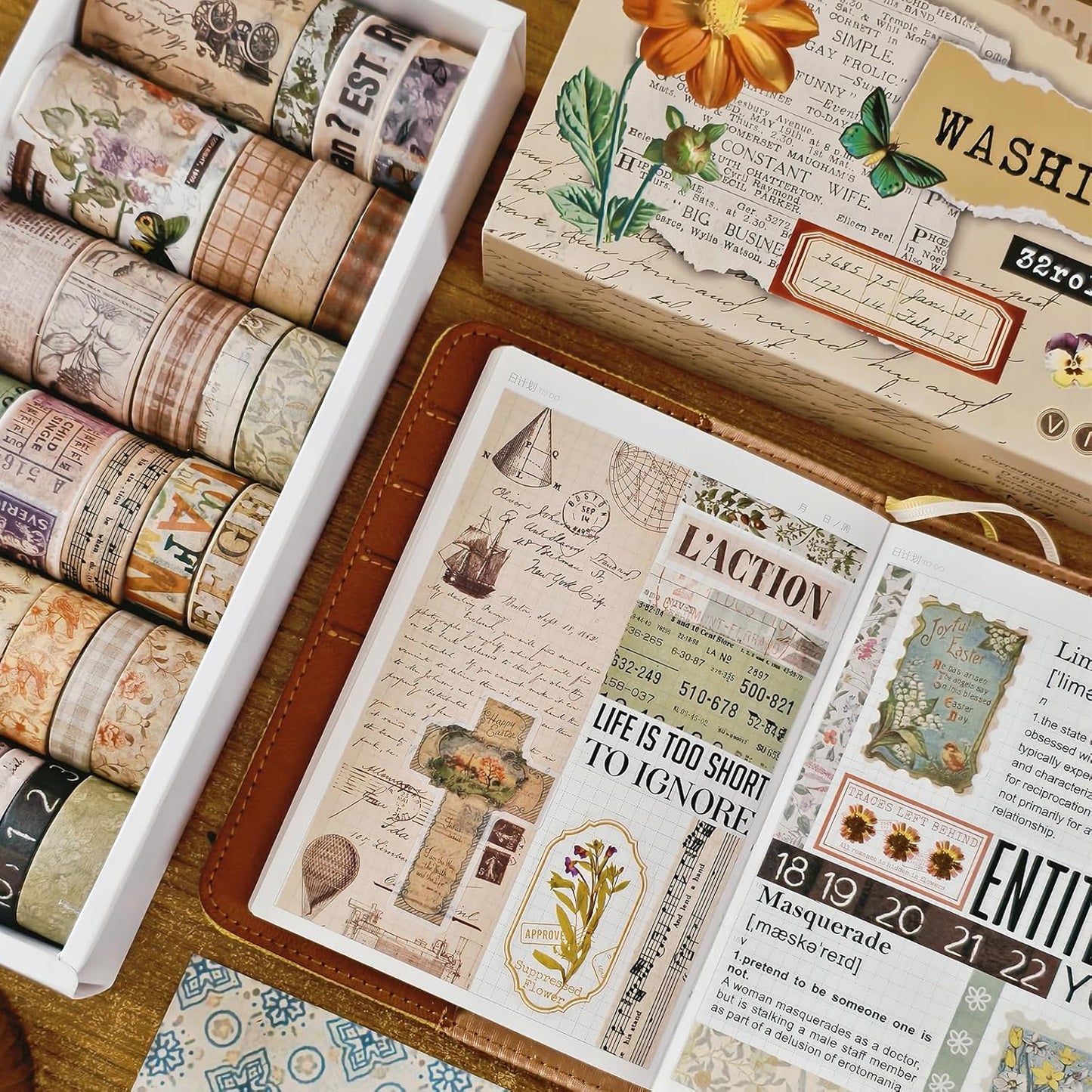 32 Rolls Vintage Washi Tape, Aesthetic Colored Decorative Cute Scrapbook Tape for Scrapbooking Supplies Journaling Craft Junk Journal