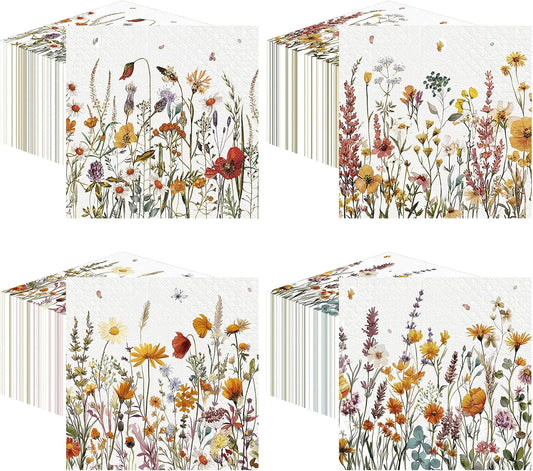 Fulmoon 200 Pieces Fall Floral Cocktail Napkins Disposable Autumn Flower Decoupage Paper Napkins Wildflower Beverage Towel for Thanksgiving Day Fall Party Favor Supplies