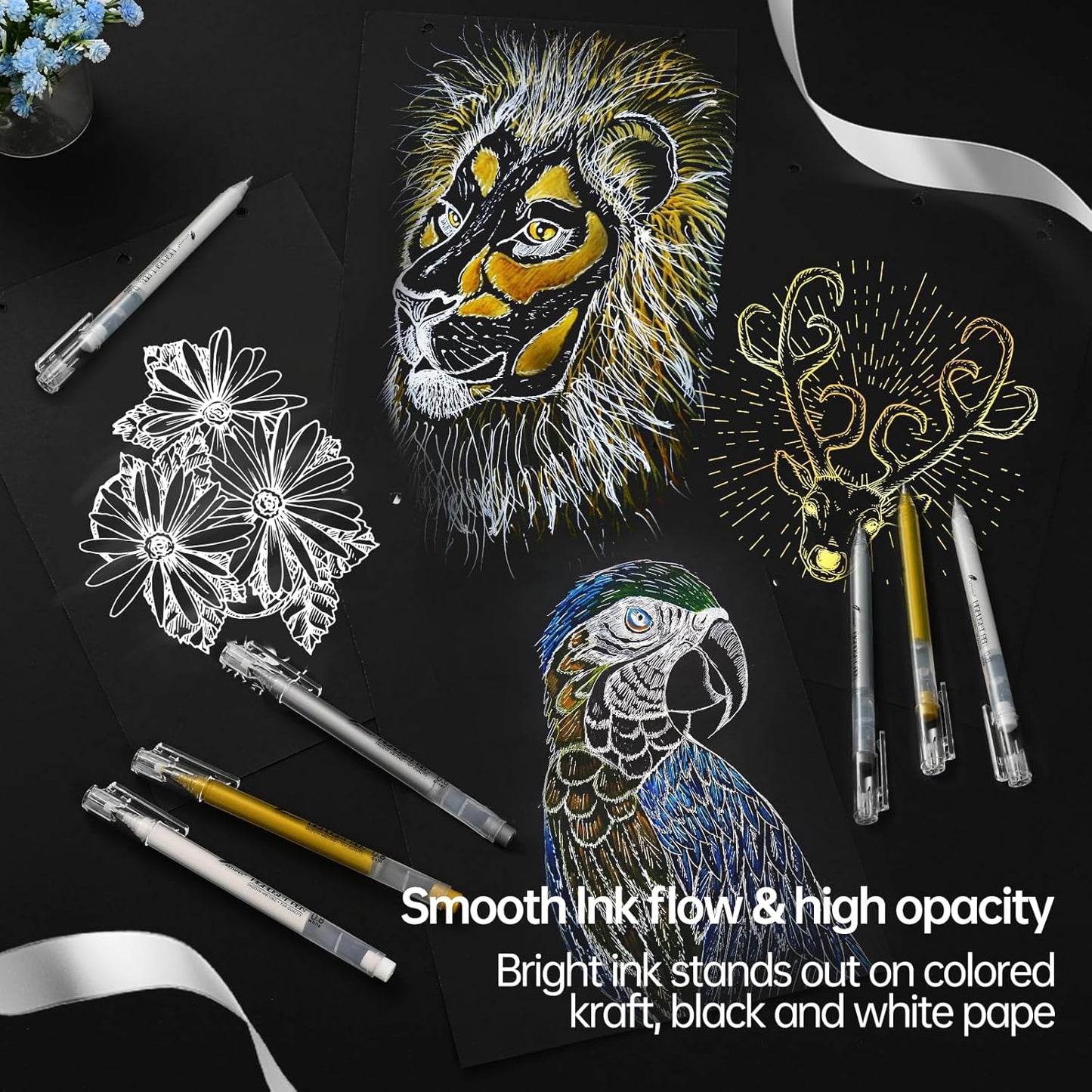 White Gel Pens, 0.8mm Fine Point Gel Ink Pen Set – 3 Pack Opaque Archival Ink for Black Paper Drawing, Sketching, Card Making & Bullet Journaling